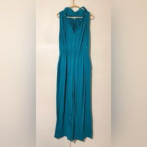 Trina Turk Large Vibrant Teal V Neck Sleeveless Jumpsuit W/ Gold Accents